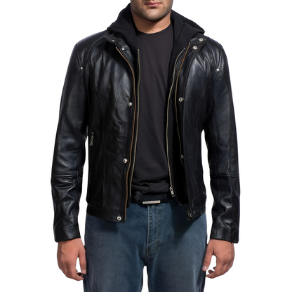 Men's Black Hooded Leather Jacket