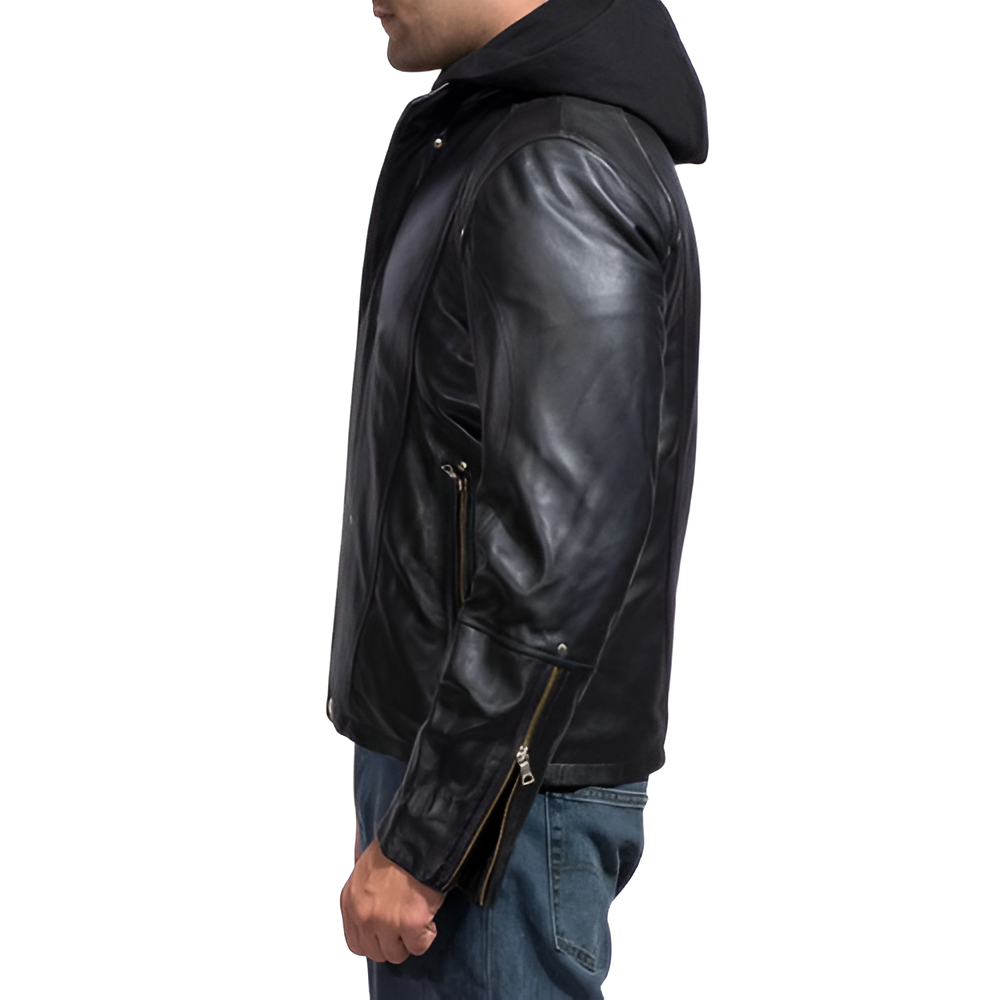 Men's Black Hooded Leather Jacket