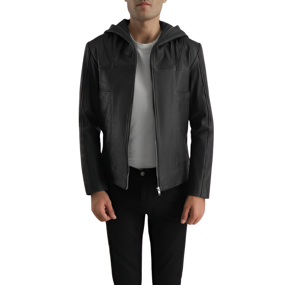 Men's Black Leather Hoodie Jacket