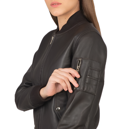 Women's Brown Leather Bomber Jacket with Sleeve Pocket