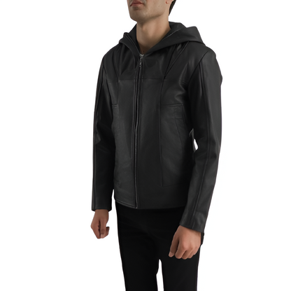 Men's Black Leather Hoodie Jacket