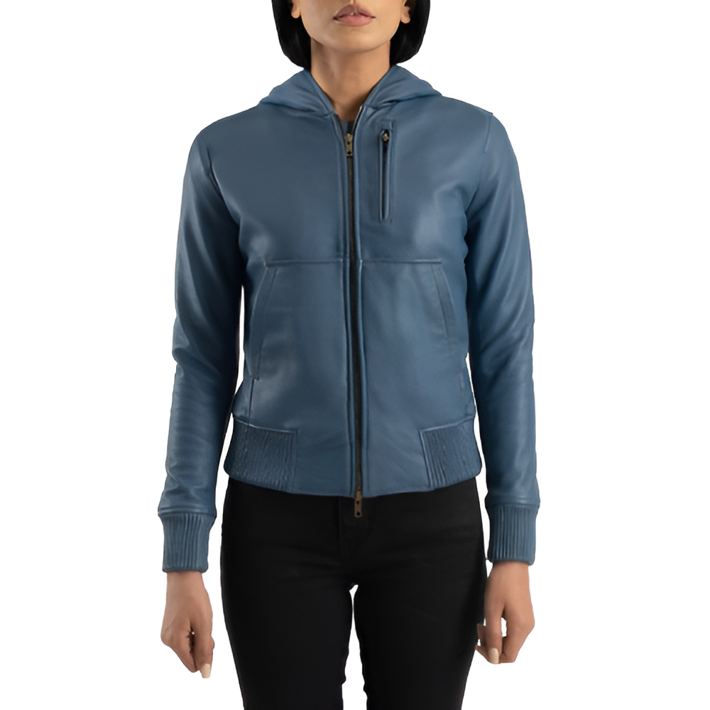 Women's Blue Leather Hooded Jacket