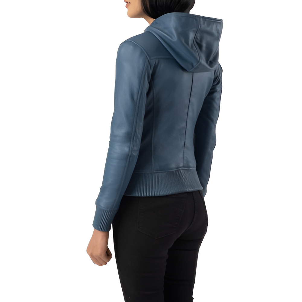 Women's Blue Leather Hooded Jacket