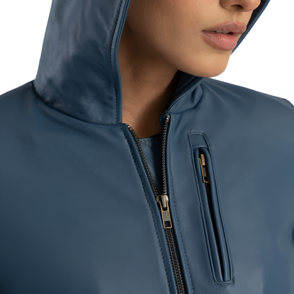 Women's Blue Leather Hooded Jacket