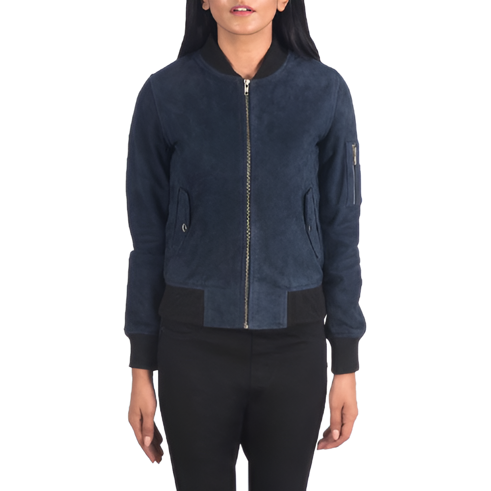 Women's Navy Suede Bomber Jacket