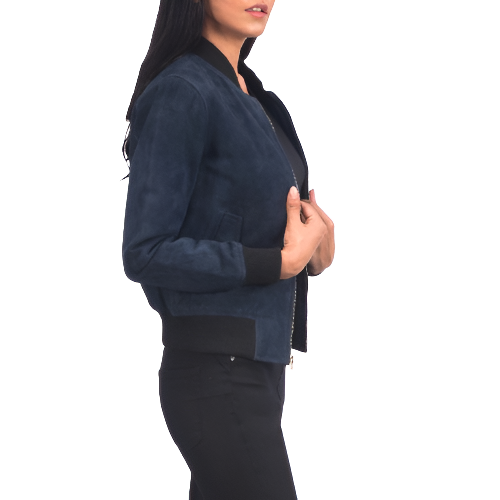 Women's Navy Suede Bomber Jacket