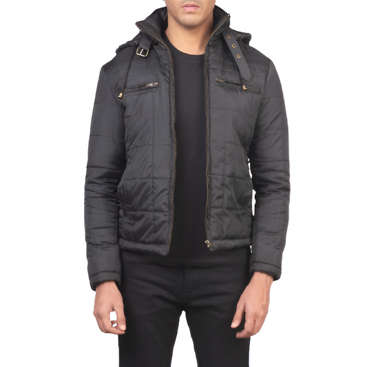 Men's Black Quilted Hooded Jacket