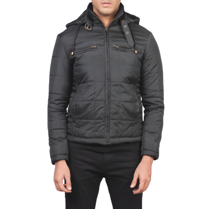 Men's Black Quilted Hooded Jacket