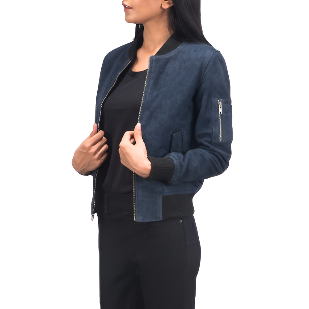 Women's Navy Suede Bomber Jacket