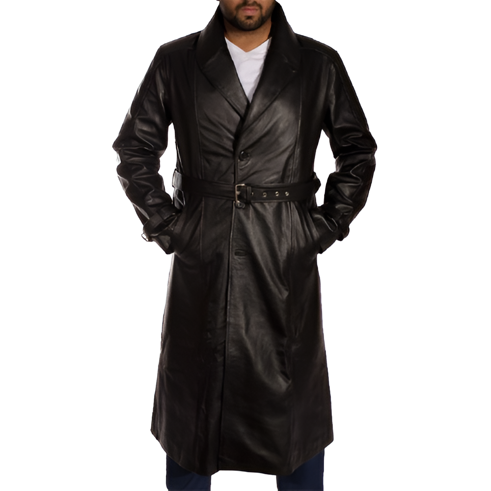 Men's Black Leather Trench Coat