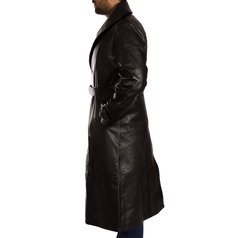 Men's Black Leather Trench Coat