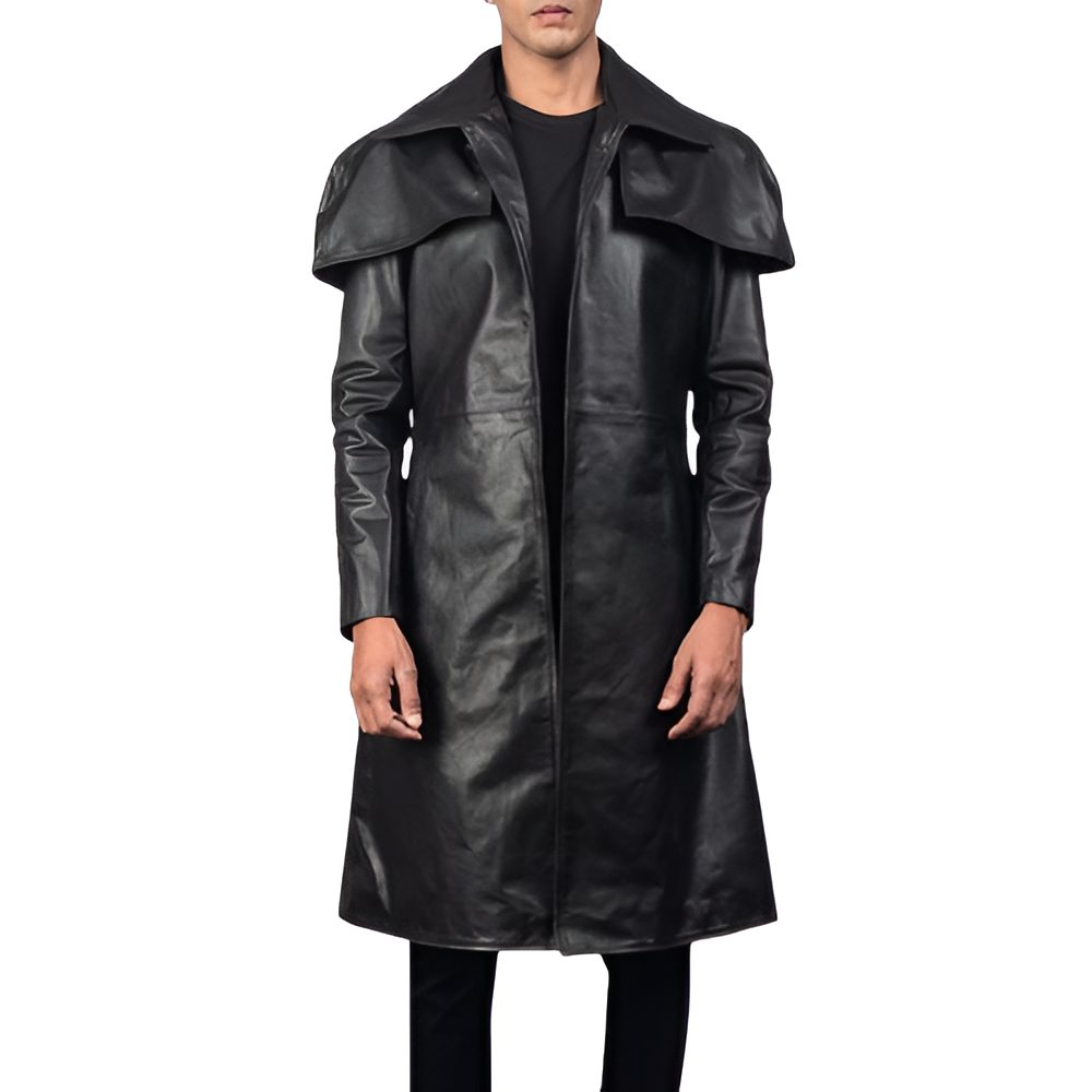 Men's Black Leather Long Coat with Cape