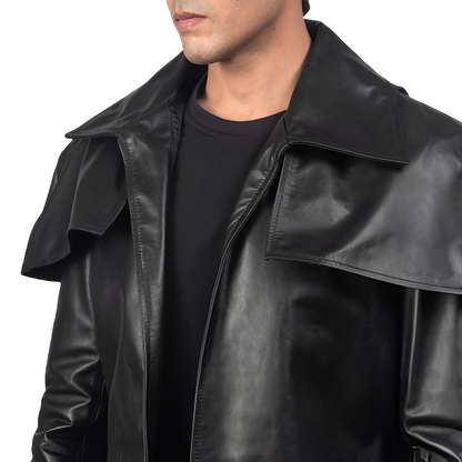 Men's Black Leather Long Coat with Cape