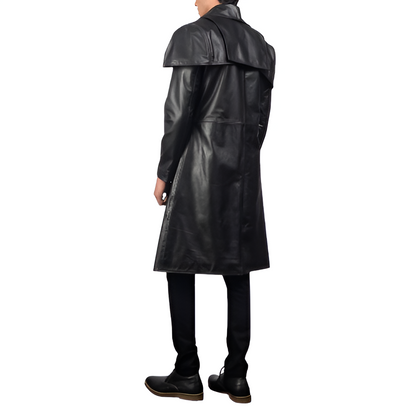 Men's Black Leather Long Coat with Cape