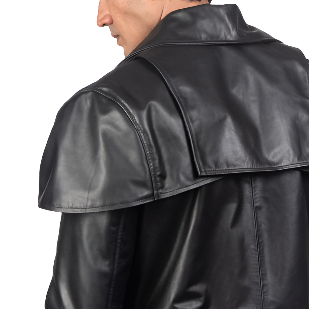Men's Black Leather Long Coat with Cape