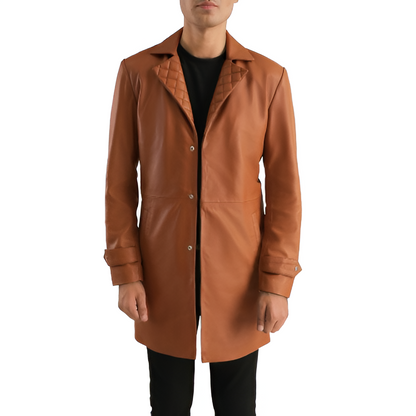 Men's Camel Quilted Leather Overcoat