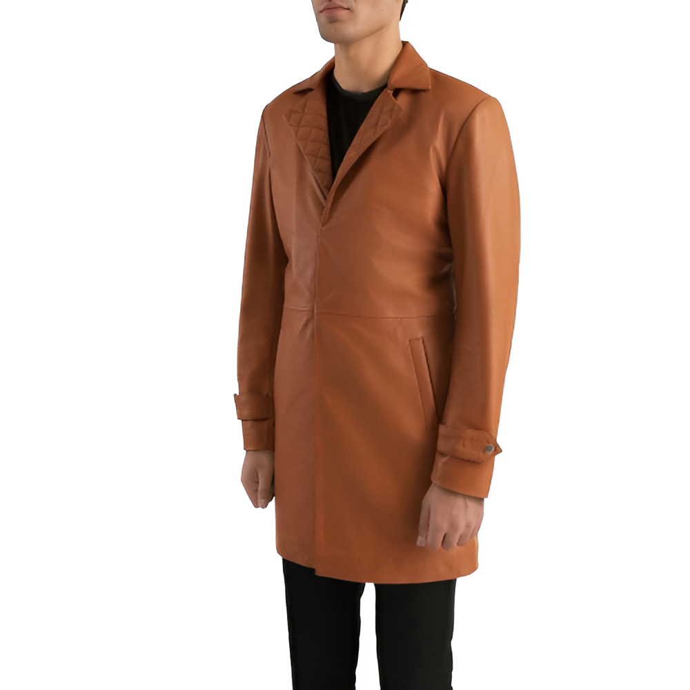 Men's Camel Quilted Leather Overcoat
