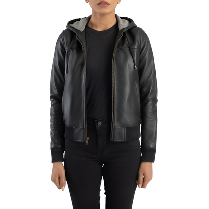 Women's Black Leather Hooded Jacket