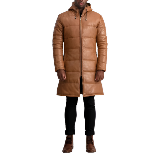 Men's Long Puffer Leather Coat – Camel Brown