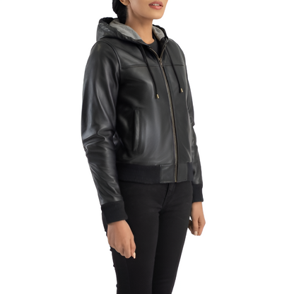 Women's Black Leather Hooded Jacket