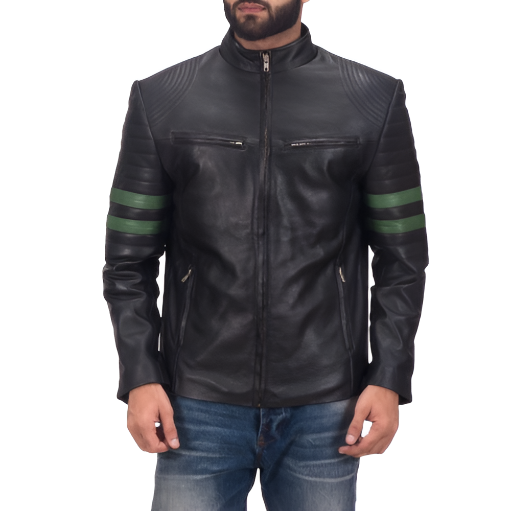 Men's Black Leather Racer Jacket with Green Stripes