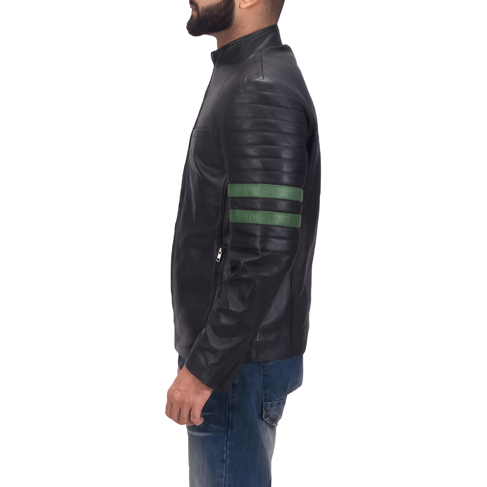 Men's Black Leather Racer Jacket with Green Stripes