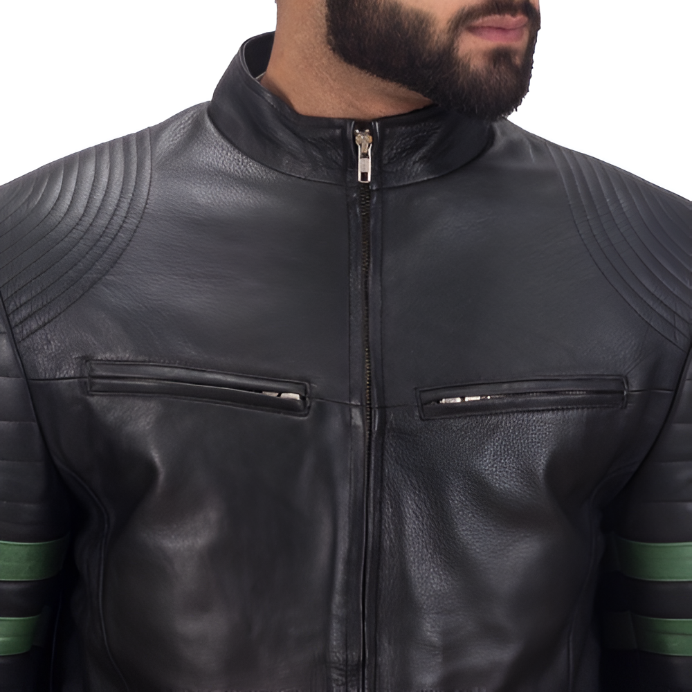 Men's Black Leather Racer Jacket with Green Stripes