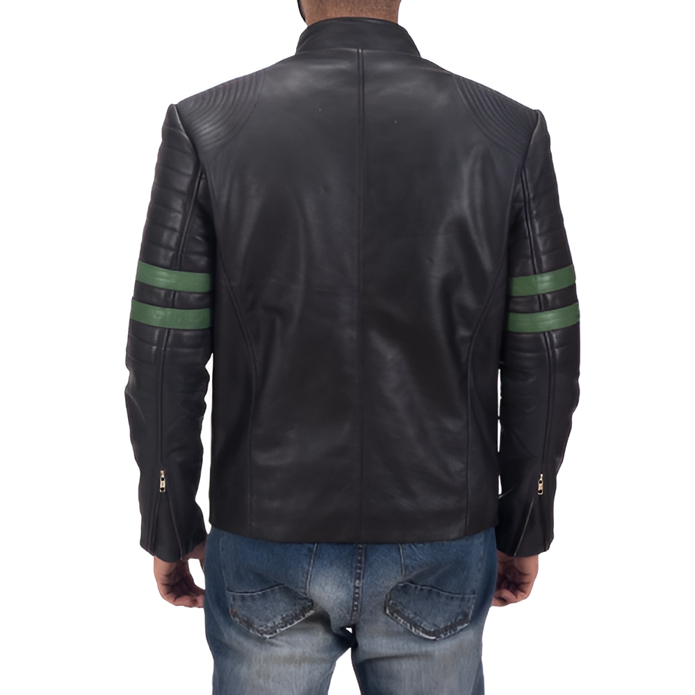 Men's Black Leather Racer Jacket with Green Stripes