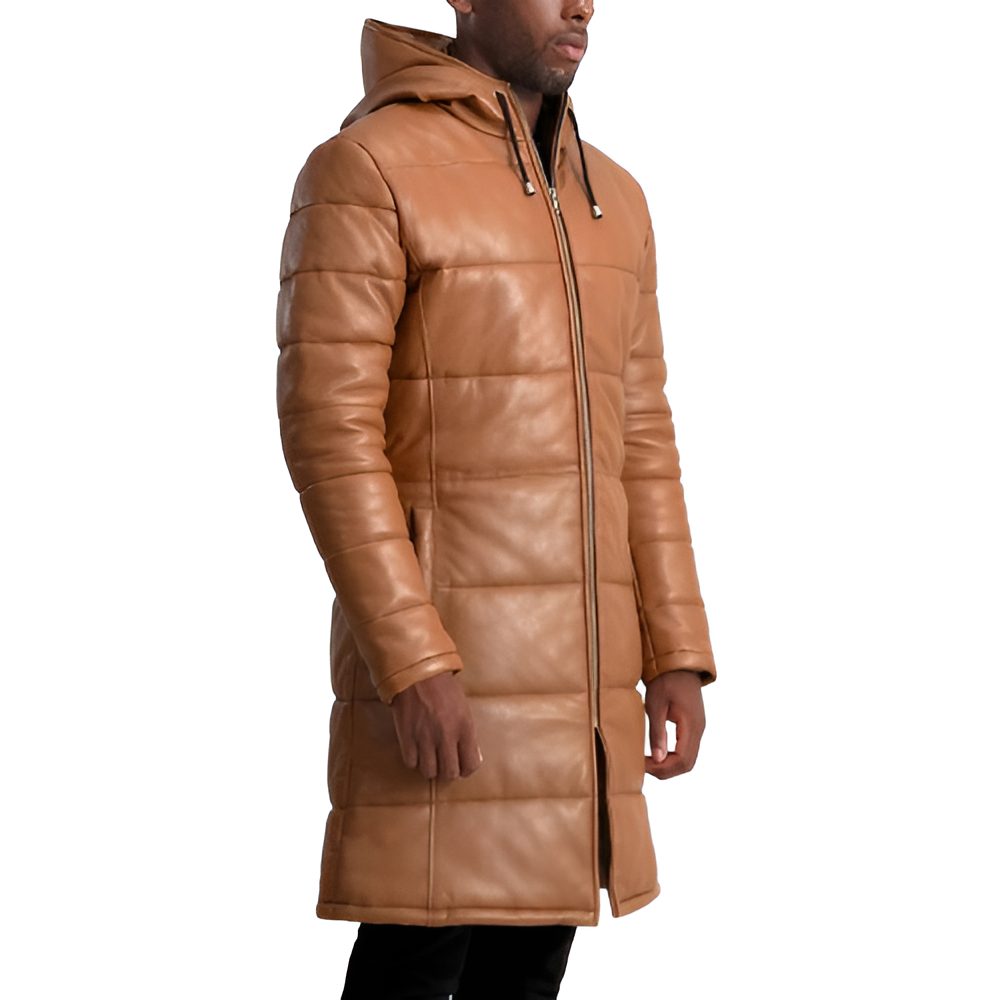 Men's Long Puffer Leather Coat – Camel Brown