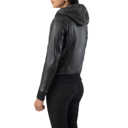 Women's Black Leather Hooded Jacket