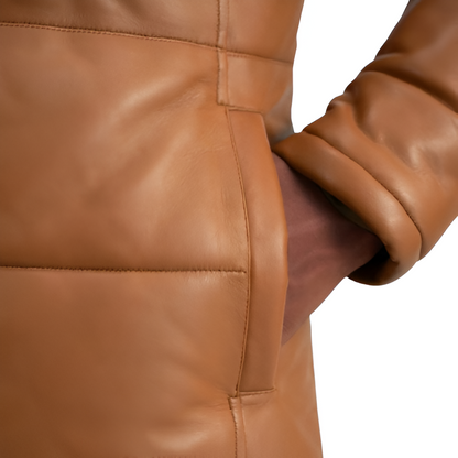 Men's Long Puffer Leather Coat – Camel Brown