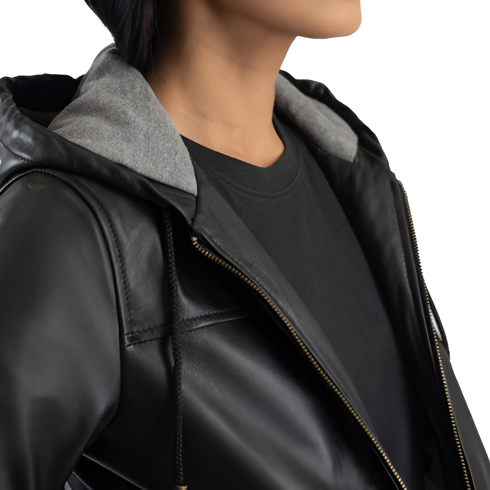 Women's Black Leather Hooded Jacket