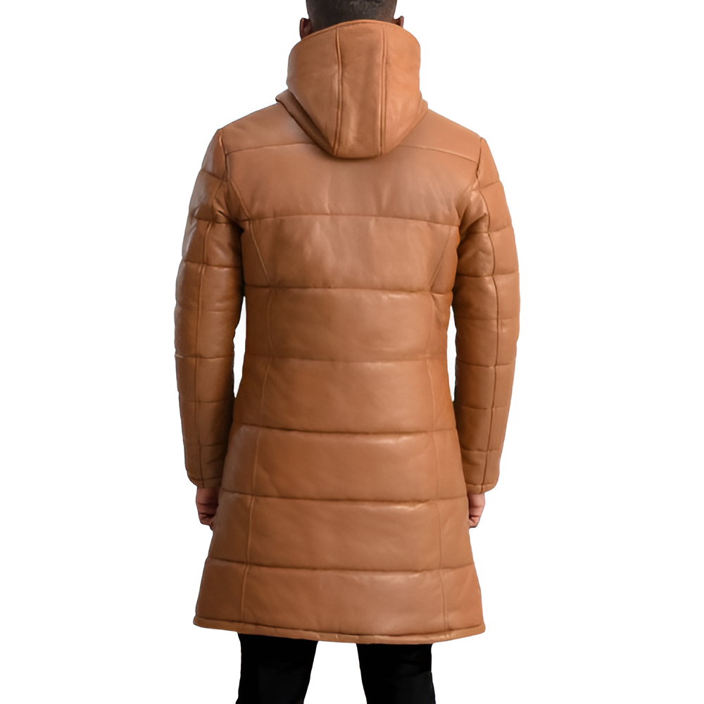 Men's Long Puffer Leather Coat – Camel Brown