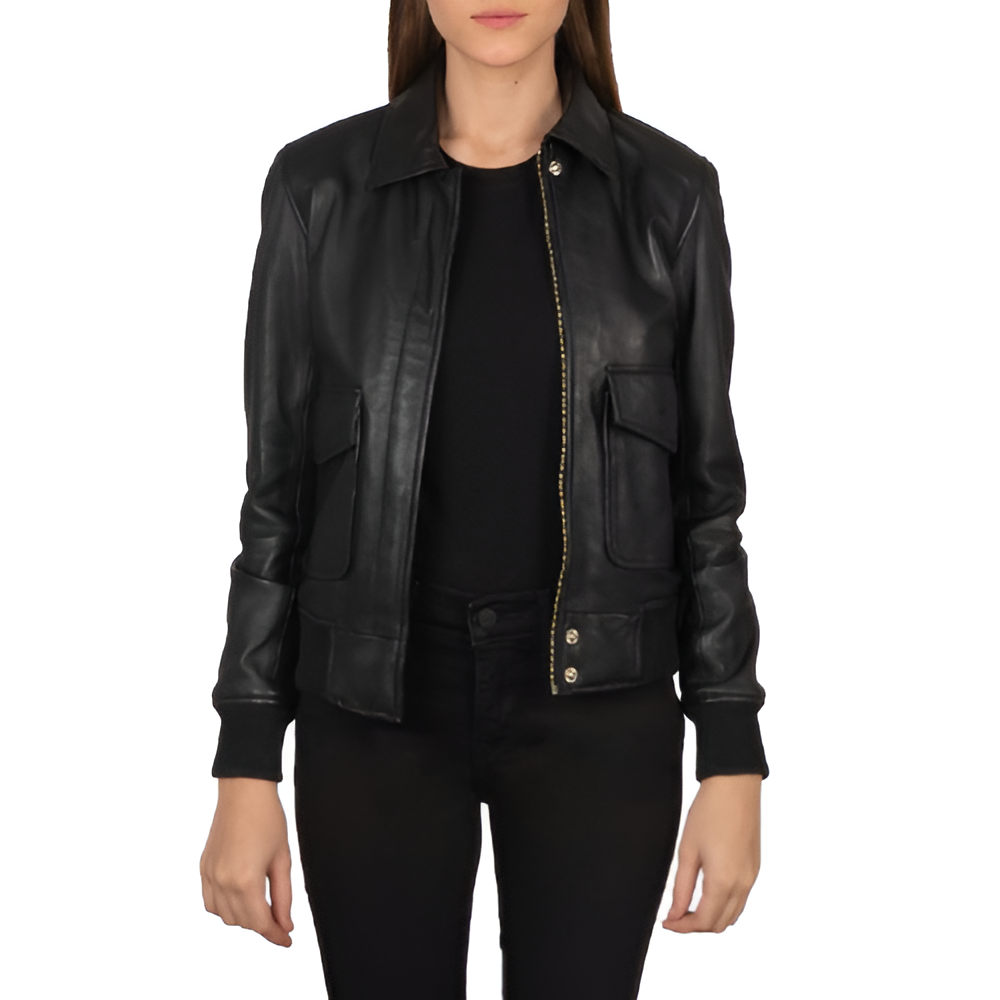 Women's Black Leather Jacket with Flap Pockets