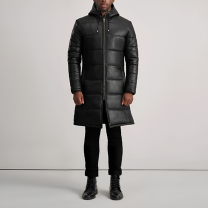 Men's Long Puffer Leather Coat – Jet Black