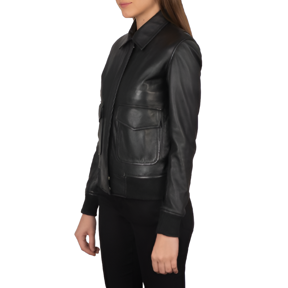 Women's Black Leather Jacket with Flap Pockets