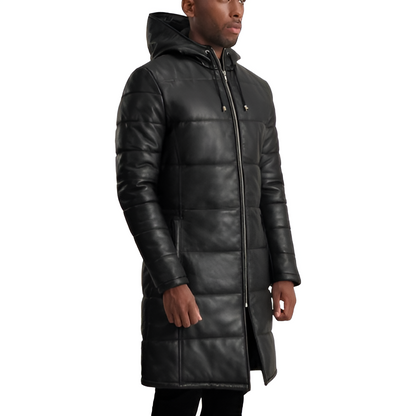 Men's Long Puffer Leather Coat – Jet Black