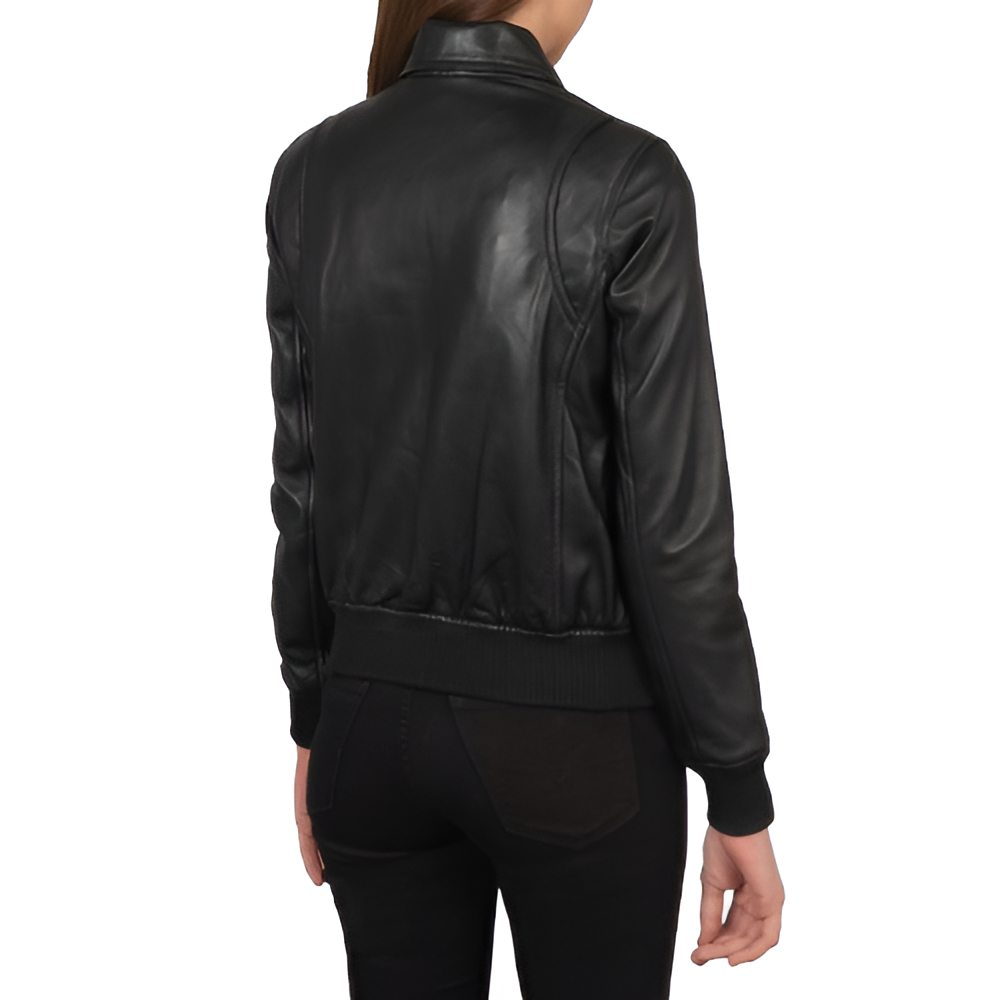 Women's Black Leather Jacket with Flap Pockets