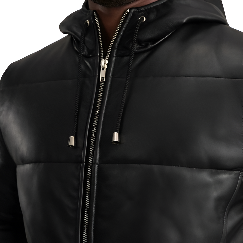 Men's Long Puffer Leather Coat – Jet Black