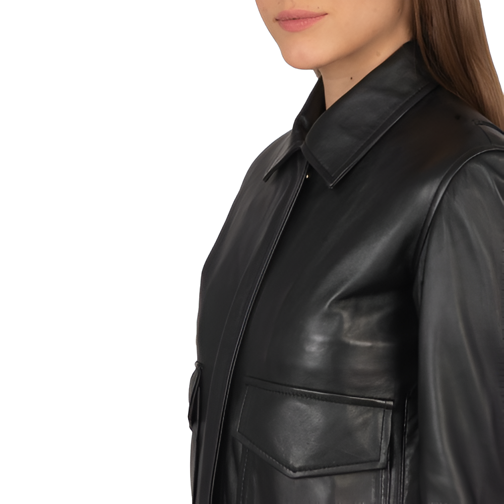 Women's Black Leather Jacket with Flap Pockets