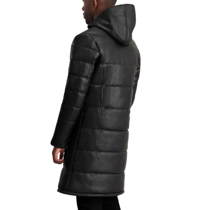 Men's Long Puffer Leather Coat – Jet Black