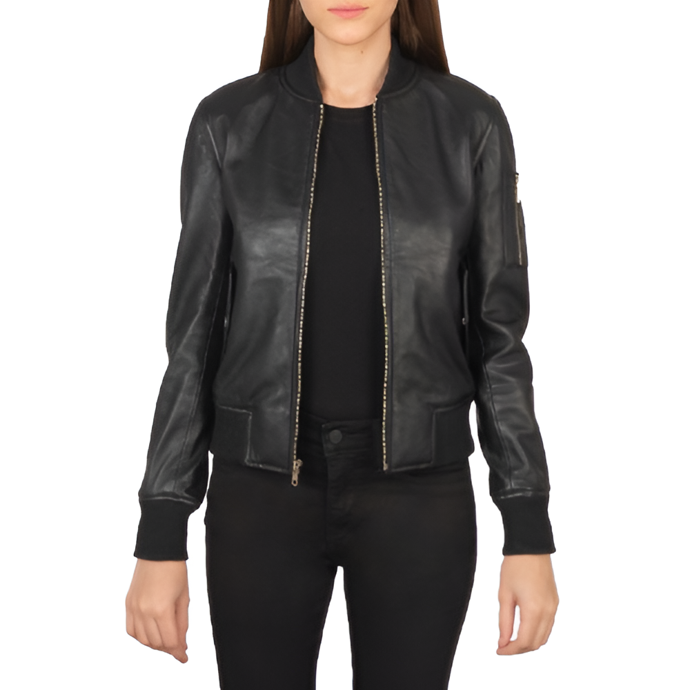 Women's Black Leather Bomber Jacket with Sleeve Pocket