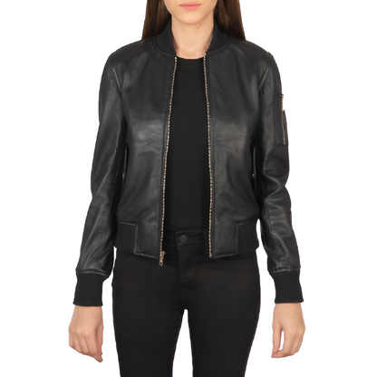 Women's Black Leather Bomber Jacket with Sleeve Pocket