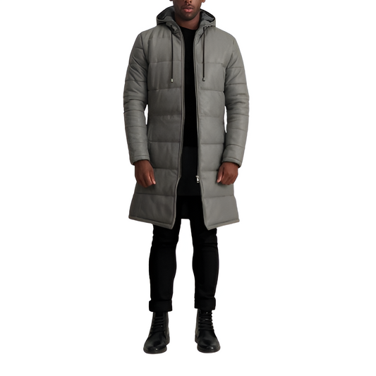 Men's Long Puffer Leather Coat – Ash Gray