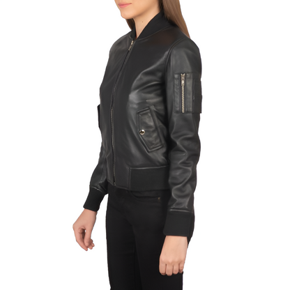 Women's Black Leather Bomber Jacket with Sleeve Pocket