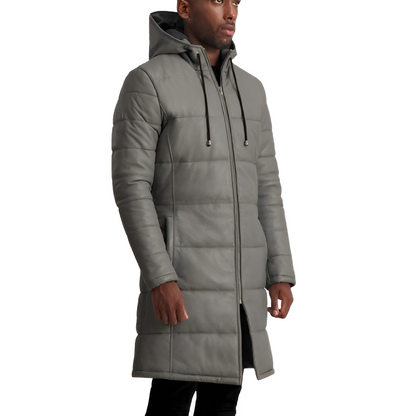 Men's Long Puffer Leather Coat – Ash Gray