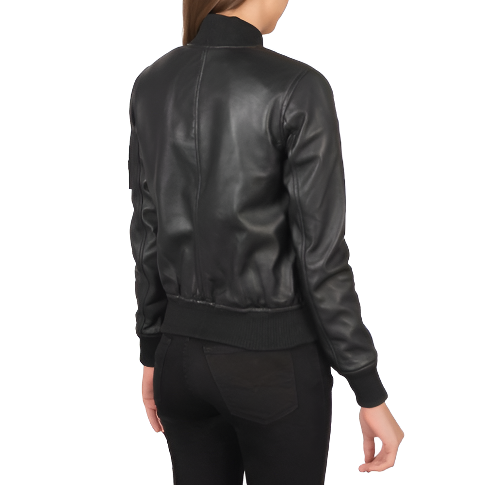 Women's Black Leather Bomber Jacket with Sleeve Pocket