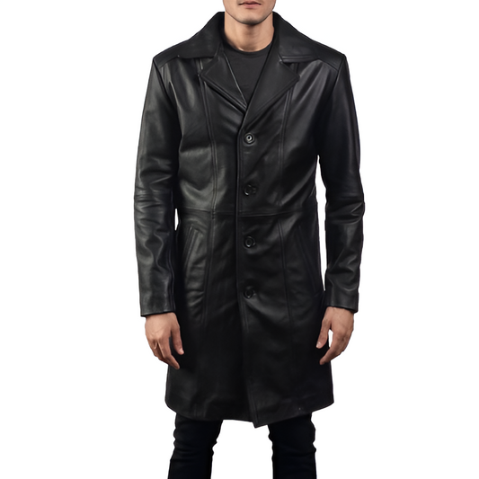 Men's Black Button-Up Leather Coat