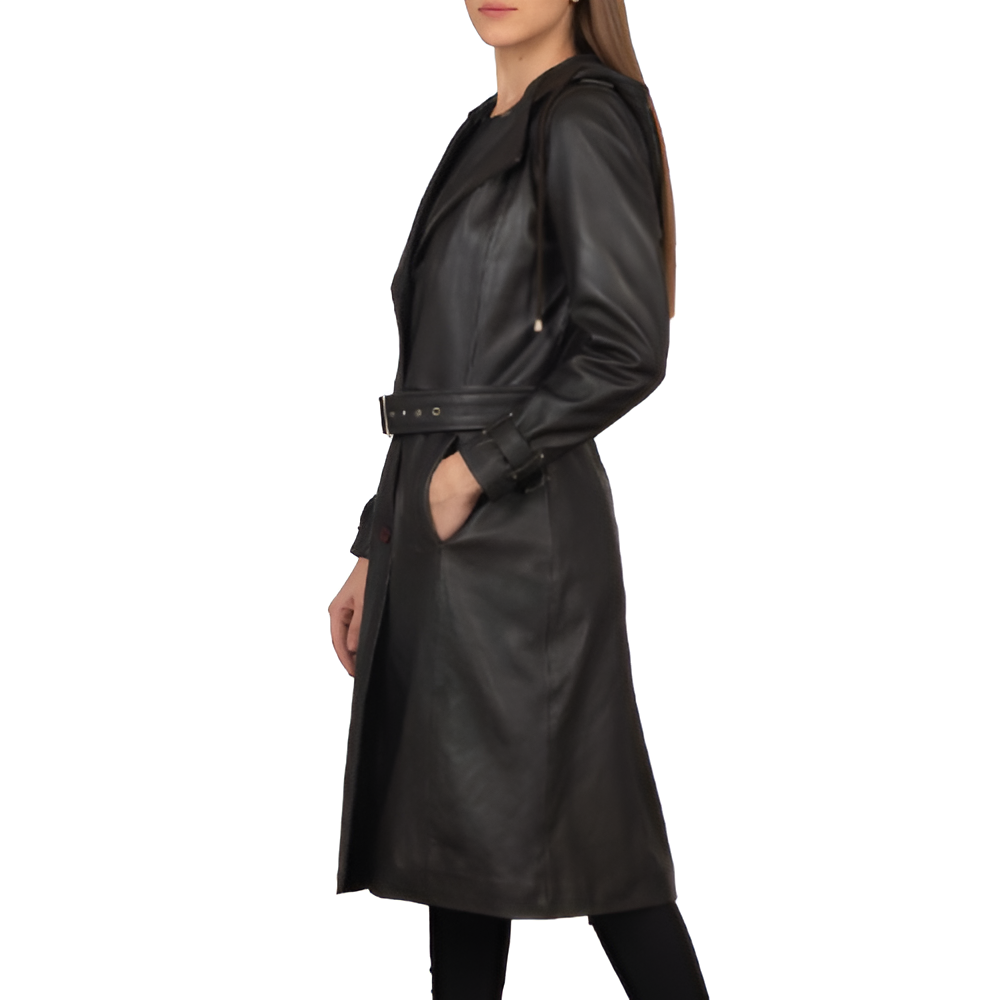 Women's Belted Black Leather Trench Coat