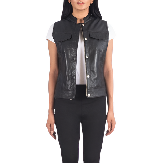 Women's Black Leather Snap Vest